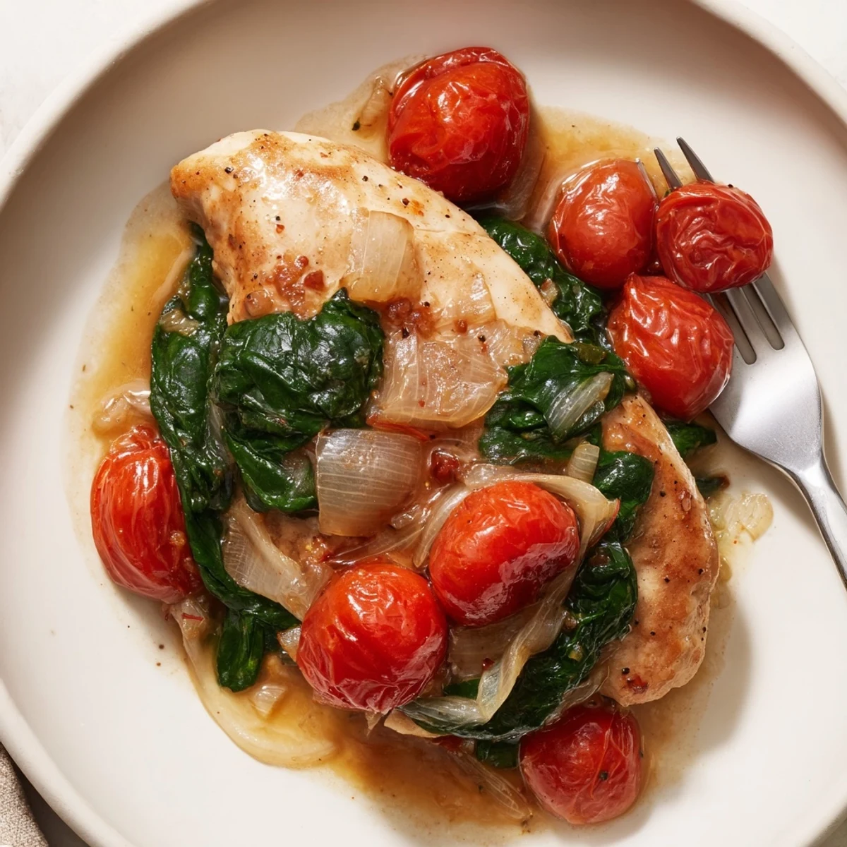 Juicy tomato spinach white wine chicken plated with vibrant Mediterranean vegetables and herbs