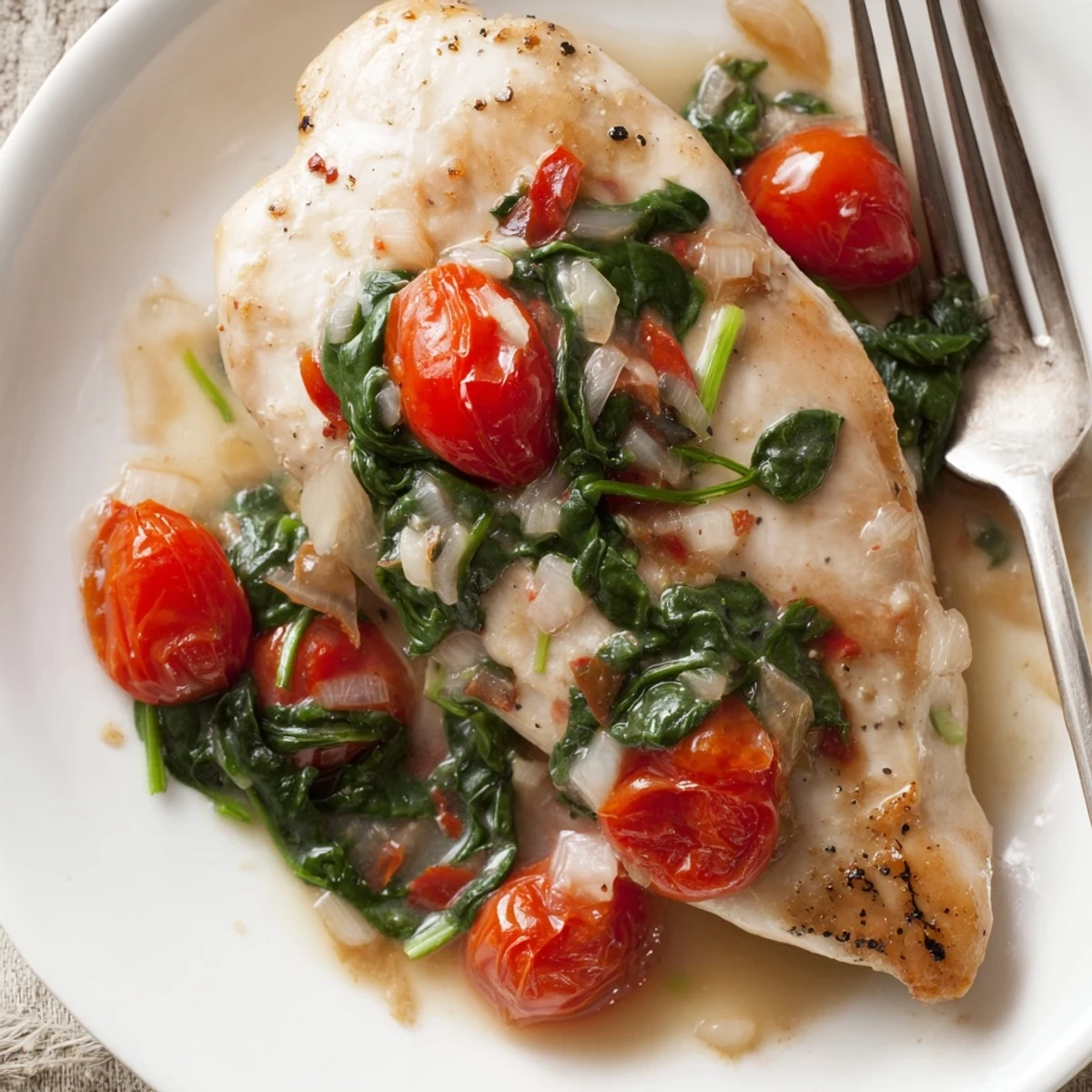 Pan-seared chicken breasts nestled in savory white wine reduction with wilted spinach and tomatoes