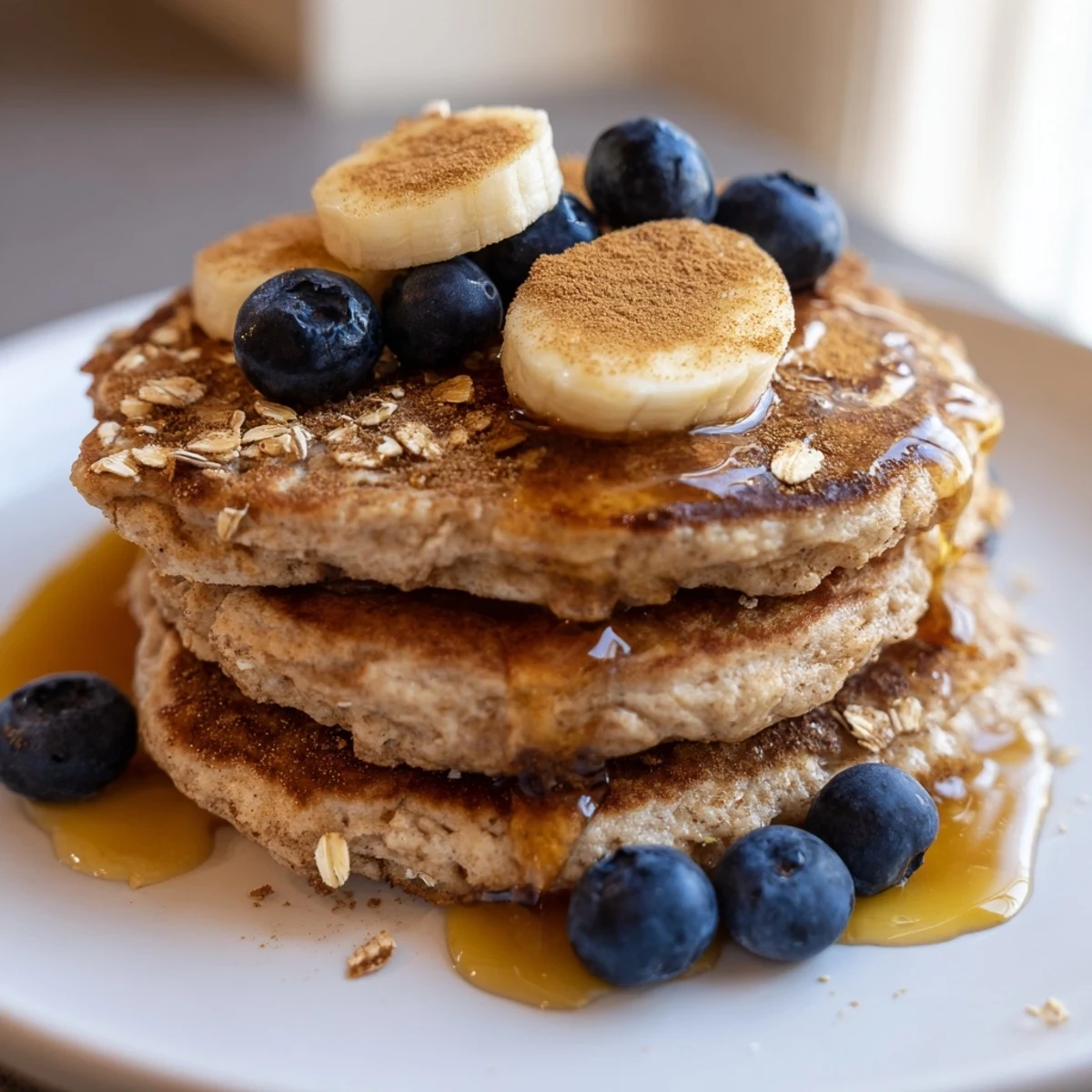 Close-up view of thick, cinnamon-dusted protein banana pancakes cooking until bubbles form on the surface