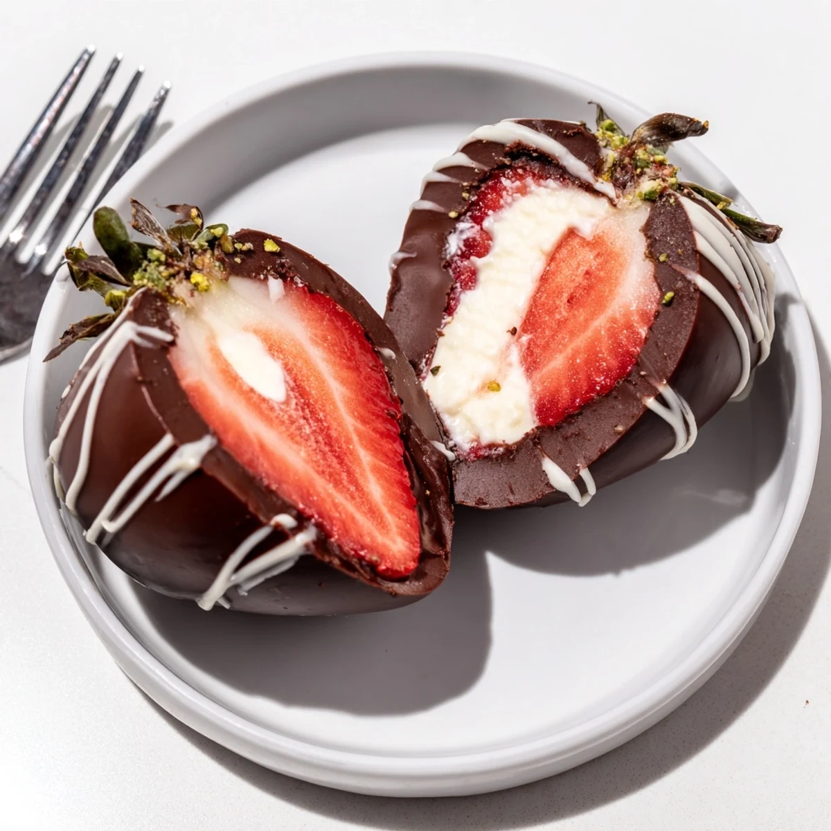 Strawberry Bombs with glossy chocolate coating, creamy centers, sprinkled pistachio garnish