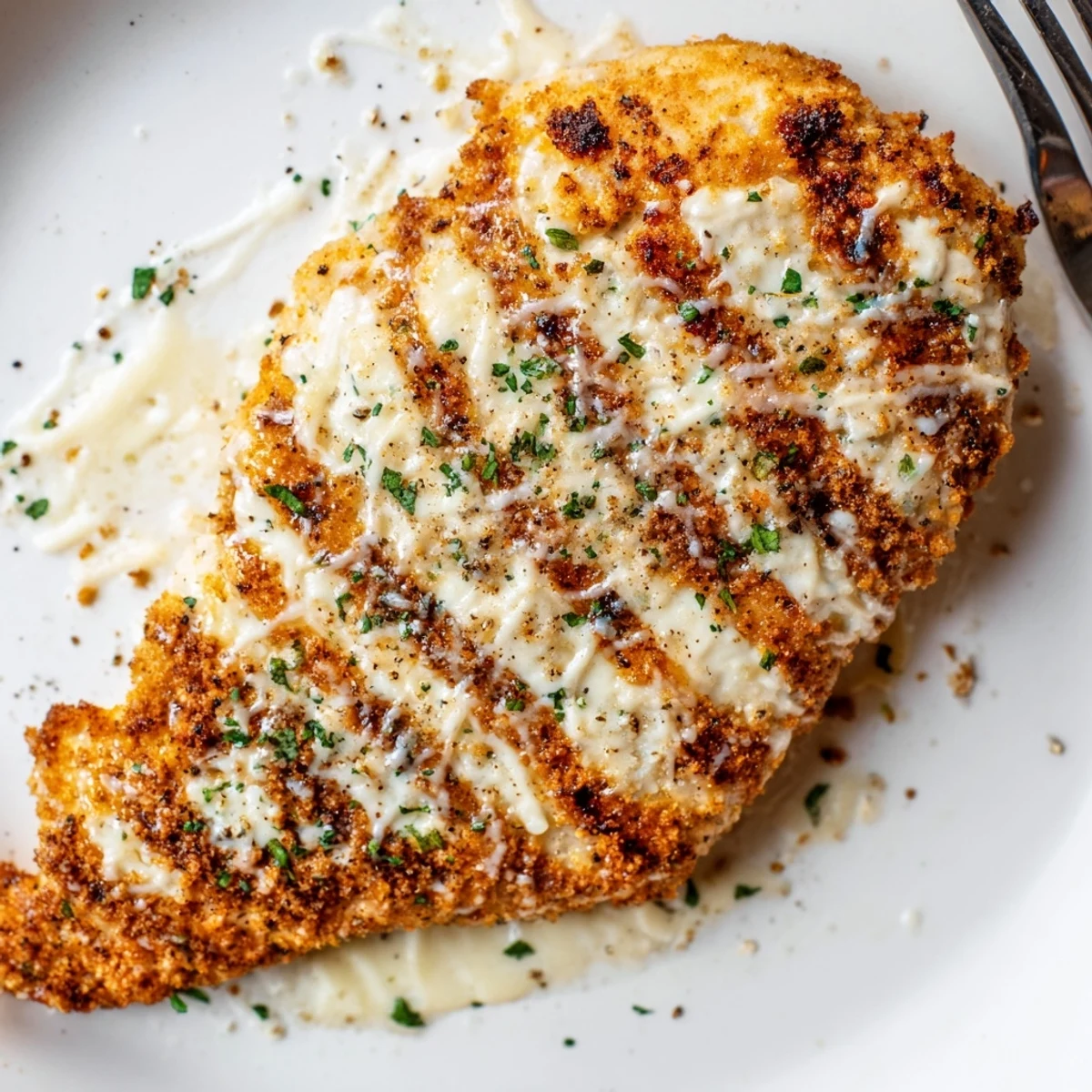 Grilled Longhorn Steakhouses Parmesan Crusted Chicken resting on mashed potatoes.