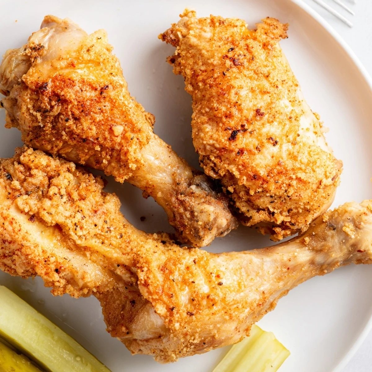 Spicy Honey Butter Fried Chicken glistening with sticky glaze, crispy golden skin.  