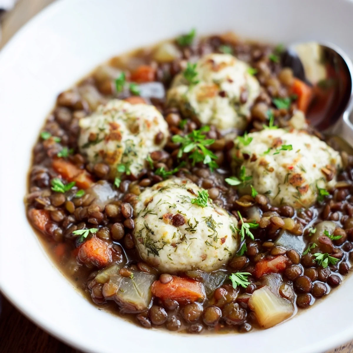 Lentils With Dumplings bubbling in pot, tender lentils and fluffy dumplings steaming