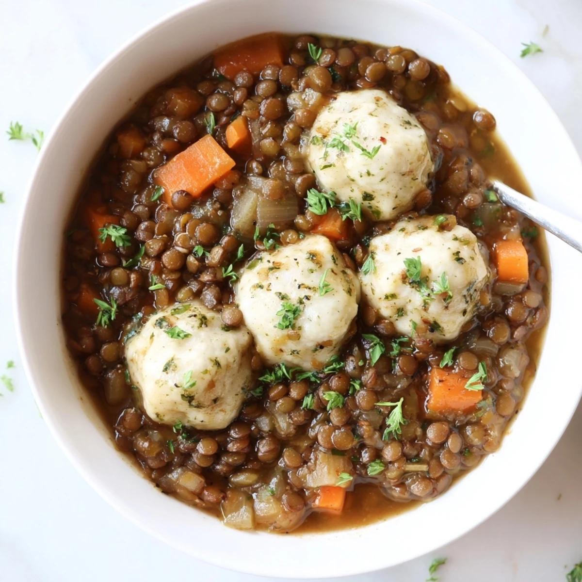 Savory Lentils With Dumplings in rustic pot, aromatic herbs and steam