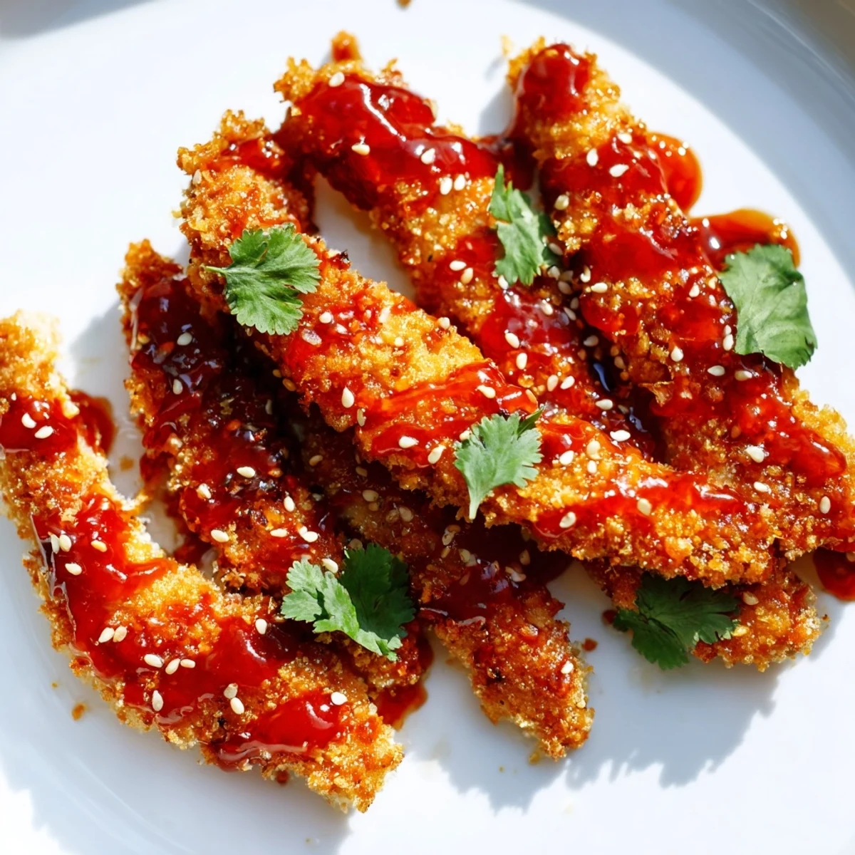 Golden panko-crusted Thai sticky chicken fingers drizzled with spicy honey sauce and scattered sesame seeds
