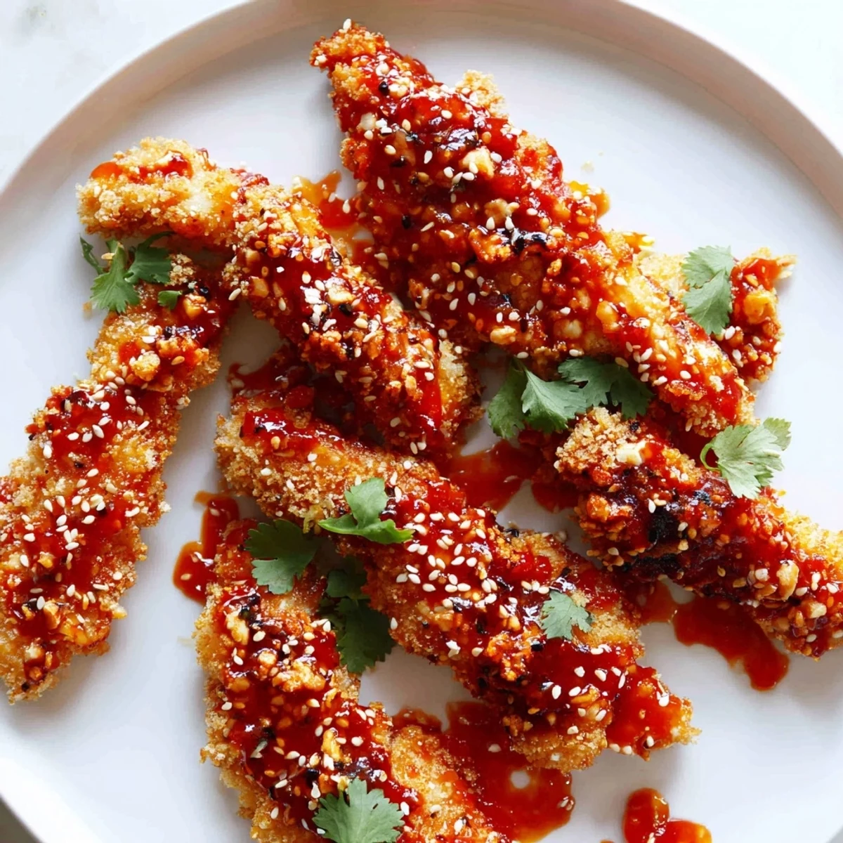 Crispy Thai sticky chicken fingers glistening with glossy sweet chili glaze on a rustic platter