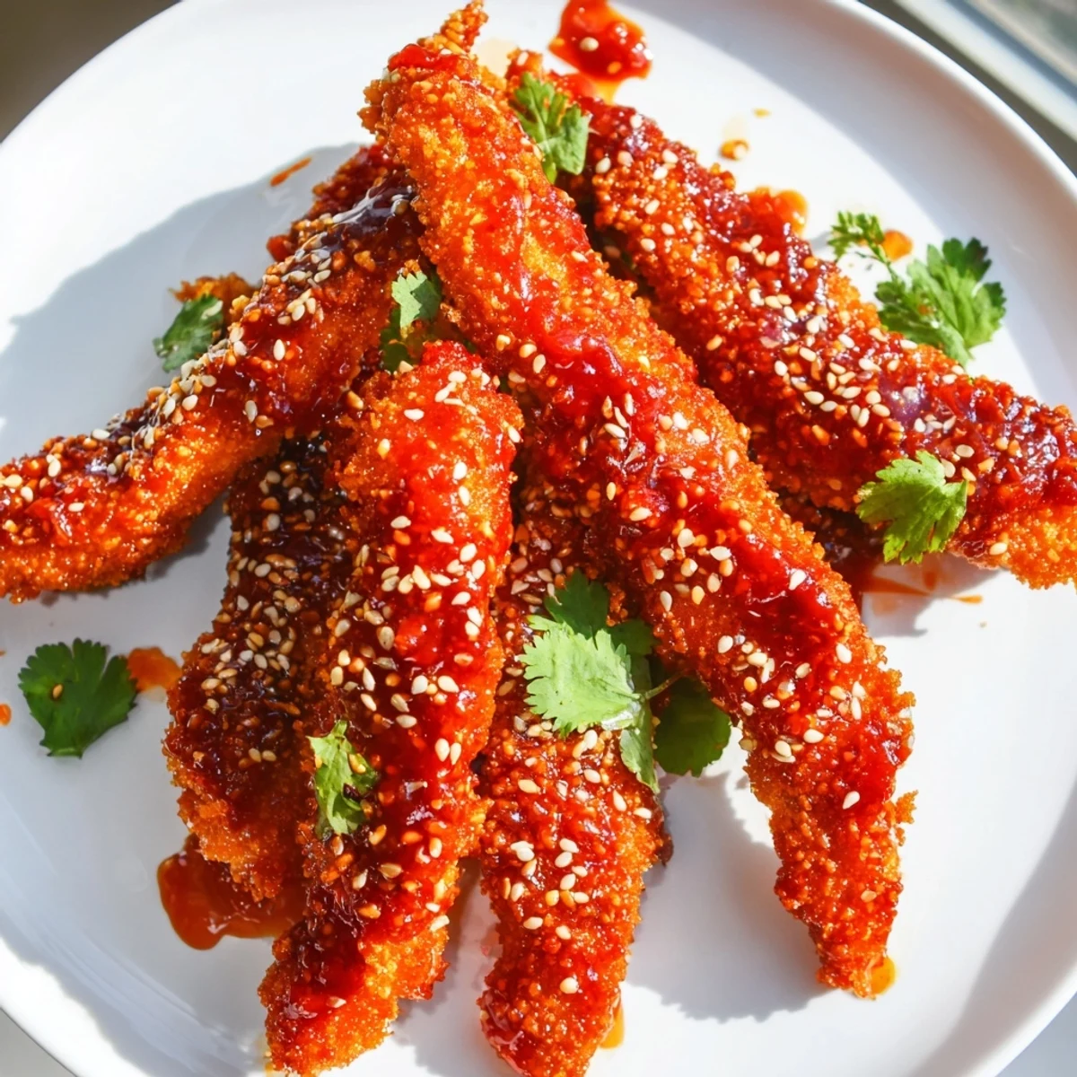 Platter of Thai sticky chicken fingers garnished with fresh cilantro and lime wedges, ready for dipping