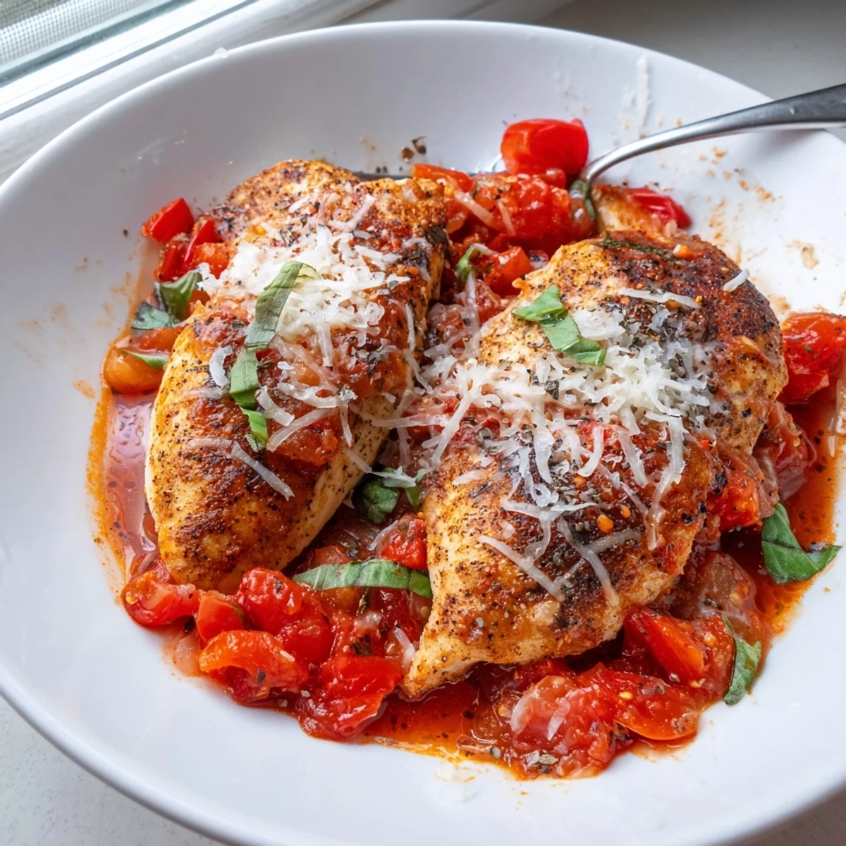 Golden seared chicken pomodoro delight simmered in rich tomato basil sauce with melted Parmesan