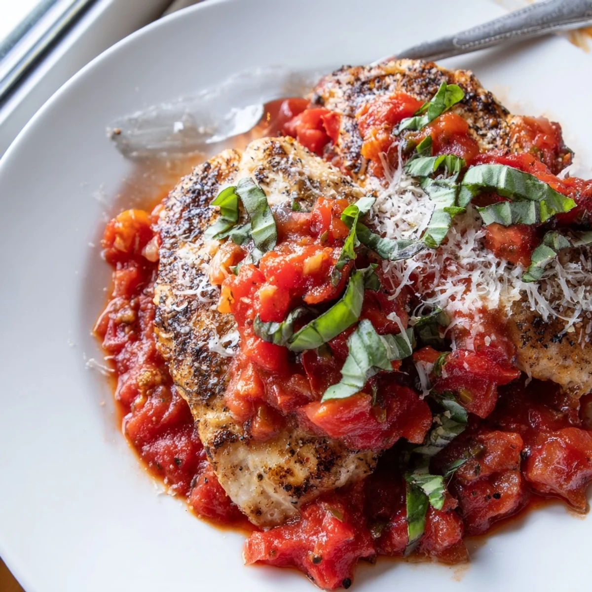 Juicy chicken pomodoro delight topped with fresh basil and served over gluten-free pasta