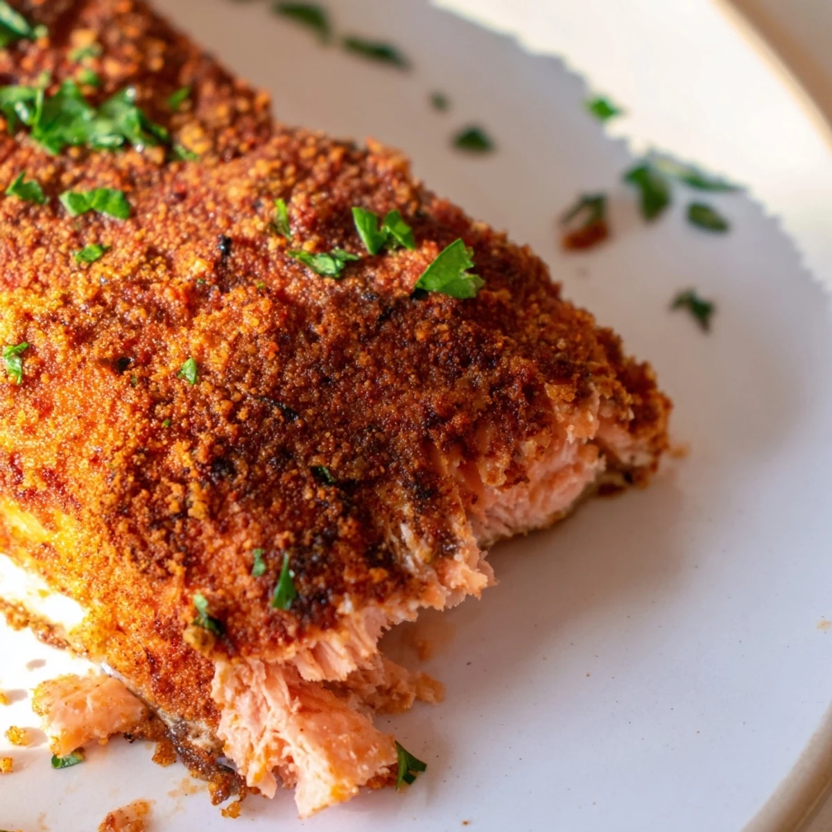 Oven Baked Cajun Salmon with a golden spice crust on a parchment-lined baking sheet