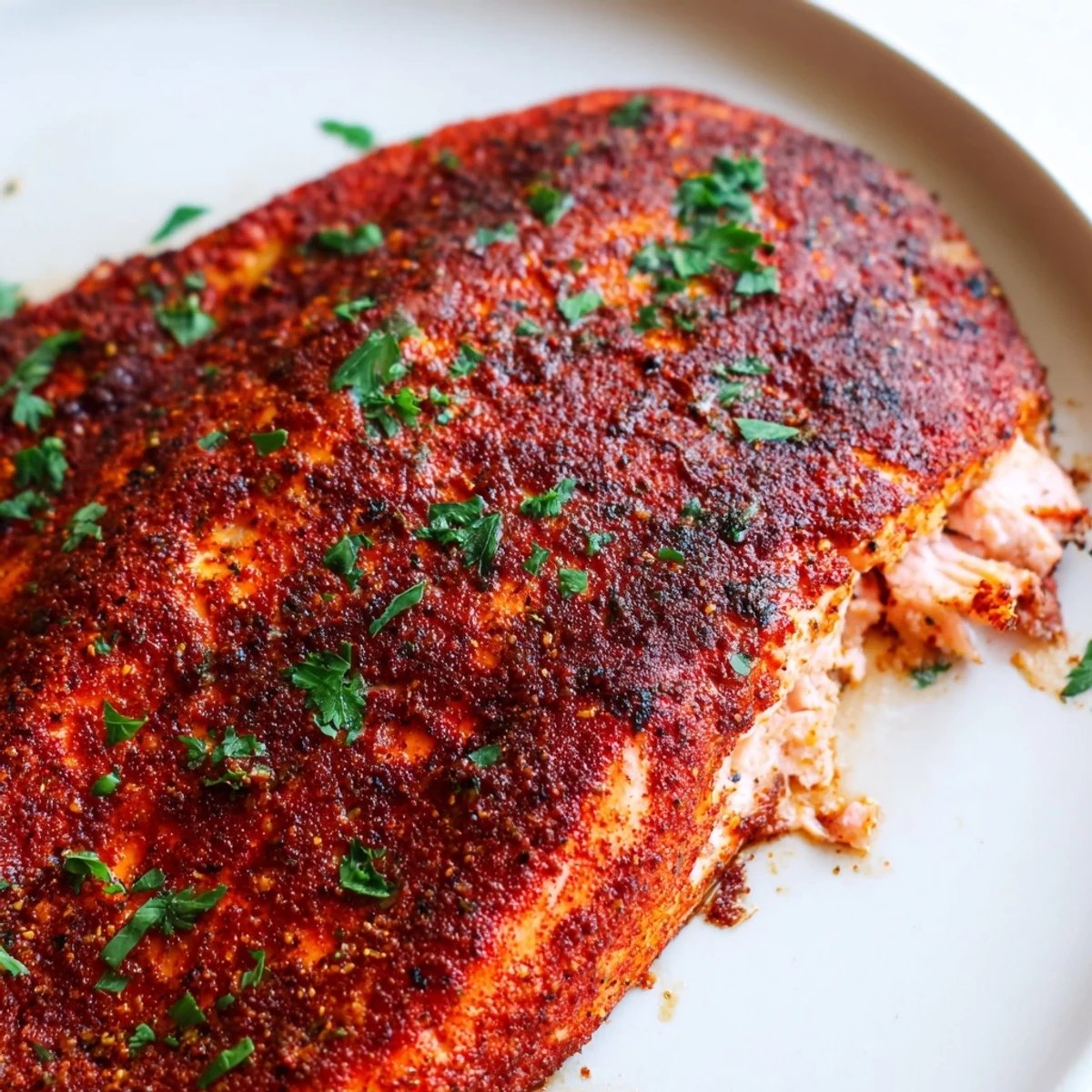 Spicy Oven Baked Cajun Salmon fillets brushed with a smoky red seasoning blend, ready to serve