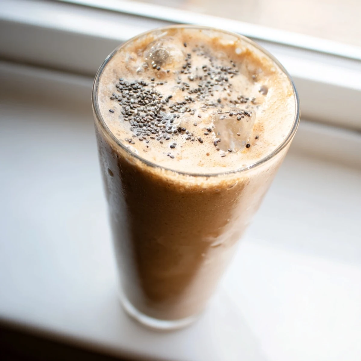 Creamy banana protein coffee smoothie topped with cinnamon in a tall glass