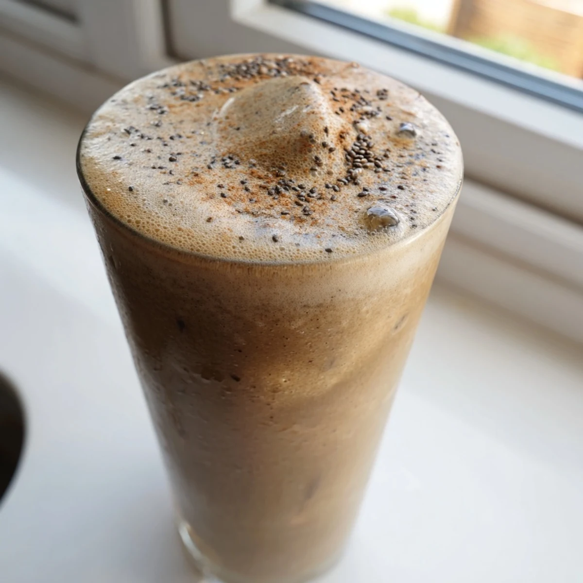 Chilled banana protein coffee smoothie blended smooth with espresso and ripe banana