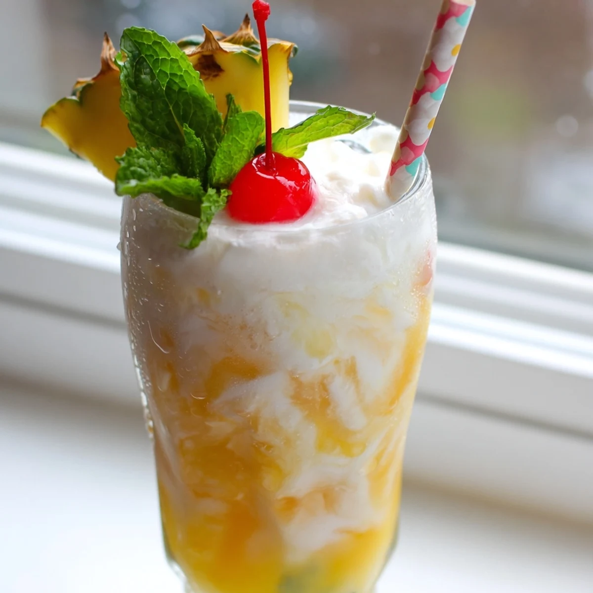 Creamy Tropical Thunder Dirty Soda swirled with coconut and served over crushed ice
