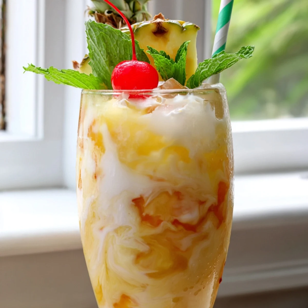 Tropical Thunder Dirty Soda garnished with fresh pineapple and a bright maraschino cherry