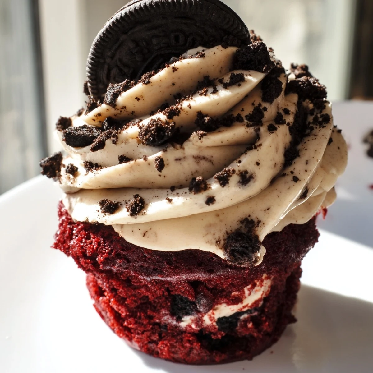 Soft red velvet cupcakes studded with Oreo pieces and swirled with tangy cream cheese frosting