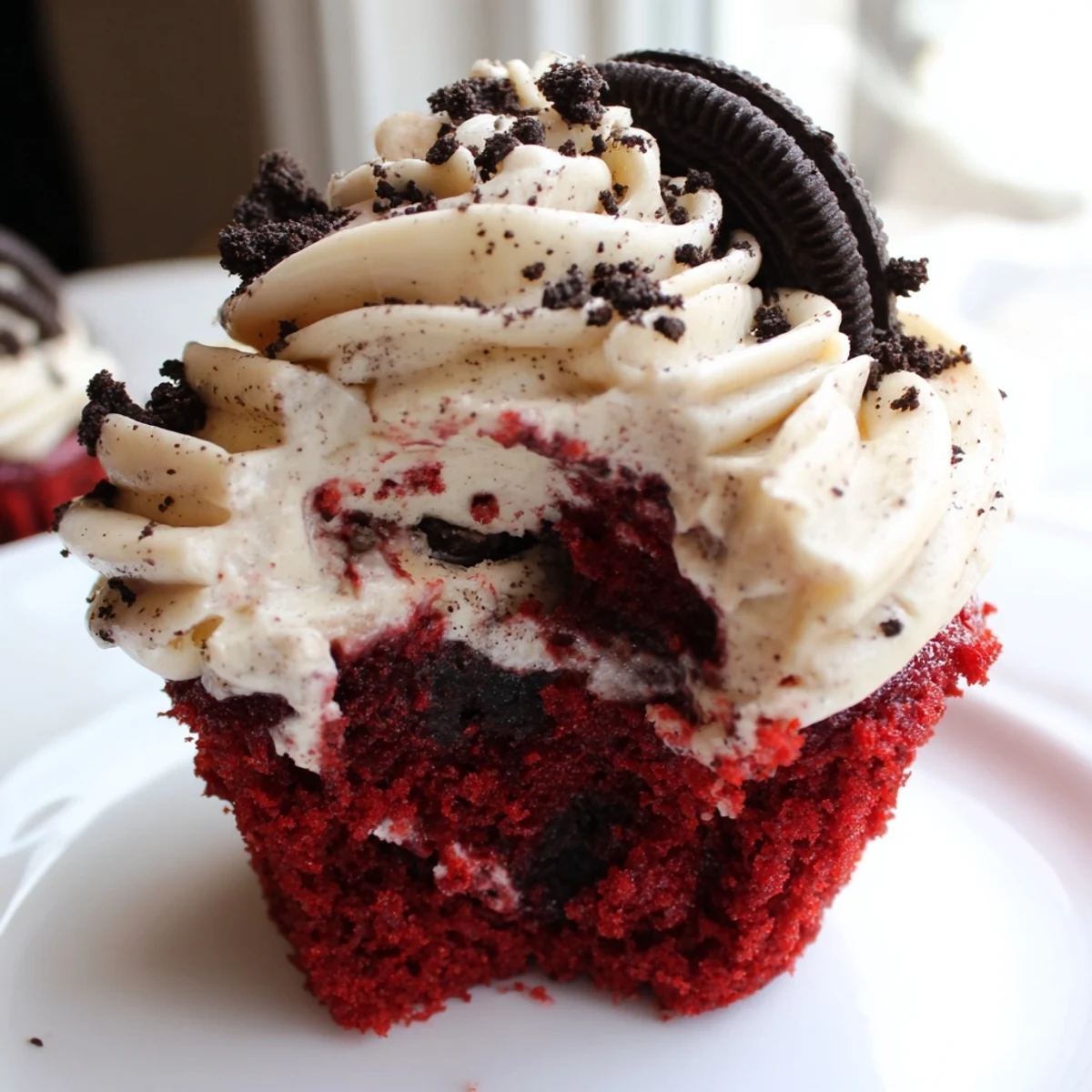 Decadent Red Velvet Oreo Cupcakes on a dessert plate ready for a party spread