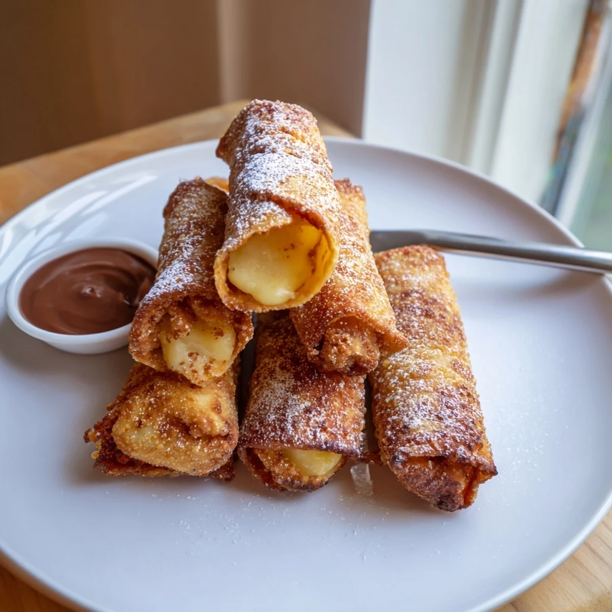 Crispy golden cheesecake egg rolls dusted with powdered sugar on a rustic plate
