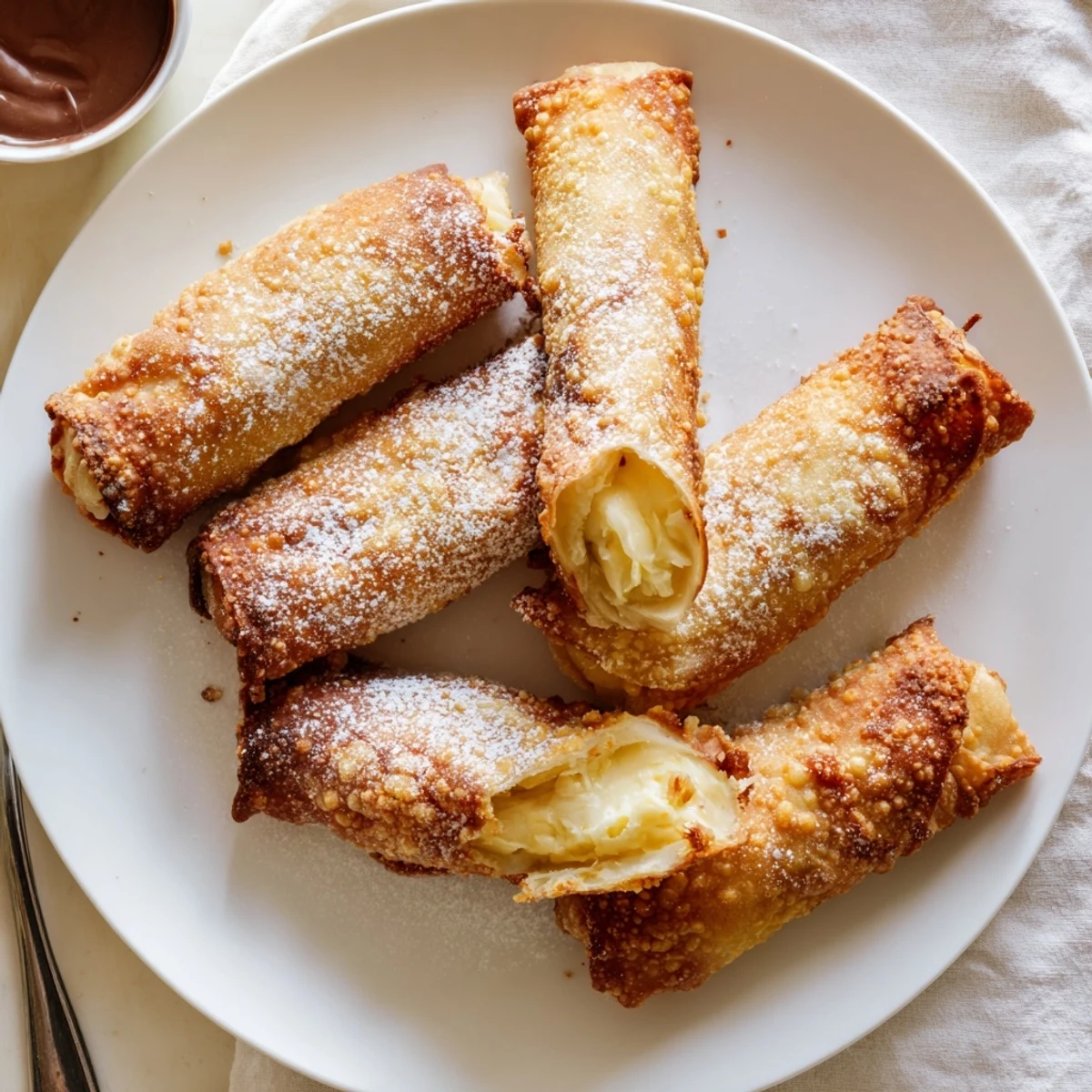 Cheesecake egg rolls served warm with rich chocolate dipping sauce close-up
