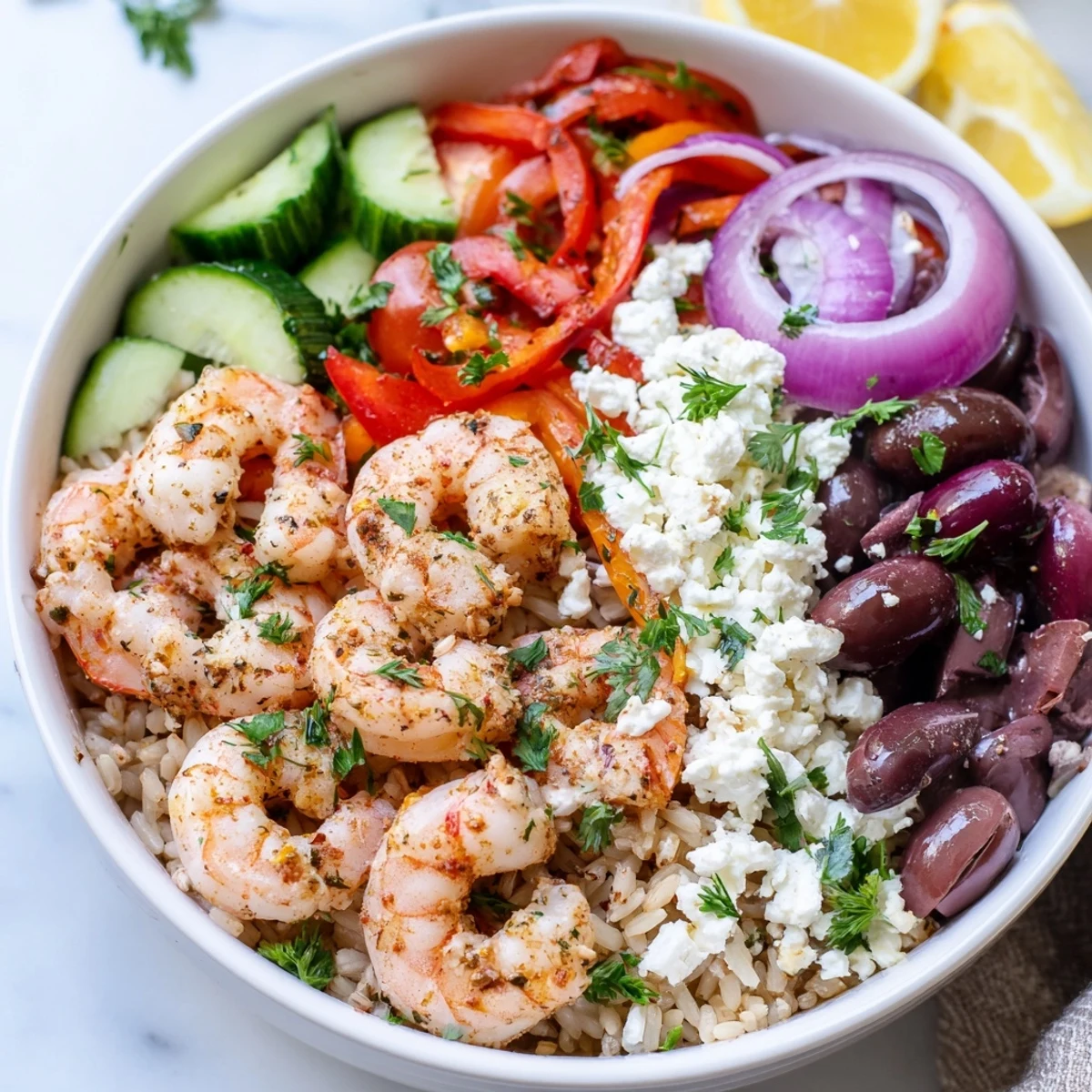 Juicy Greek Shrimp Mediterranean Bowl with colorful veggies and creamy feta cheese