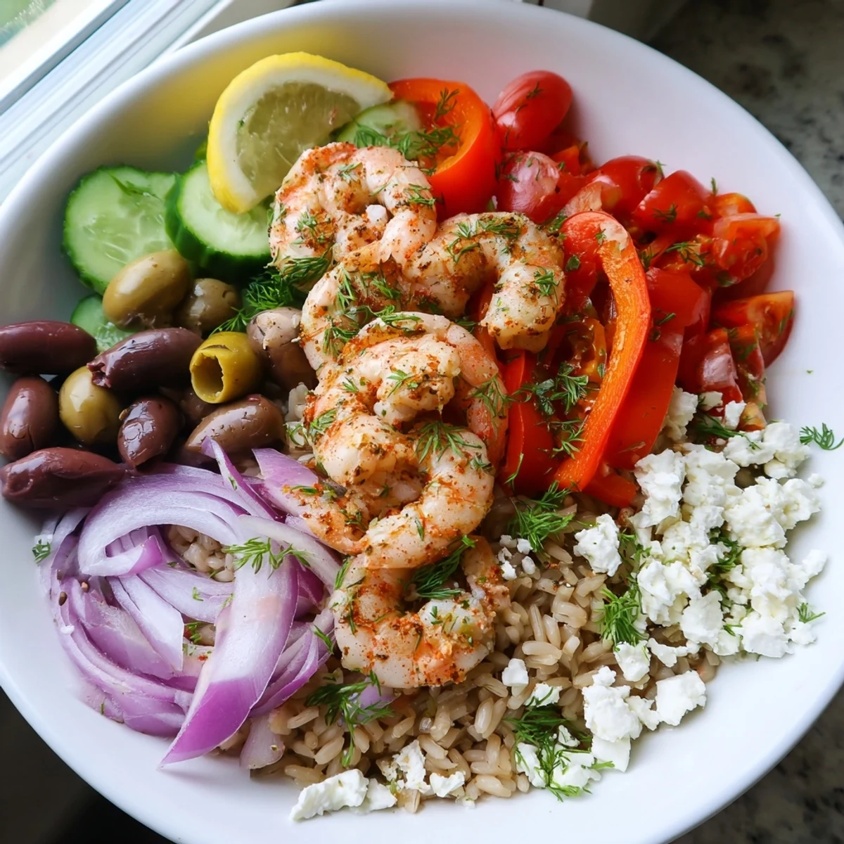Warm Greek Shrimp Mediterranean Bowl loaded with olives tomatoes and crumbled feta