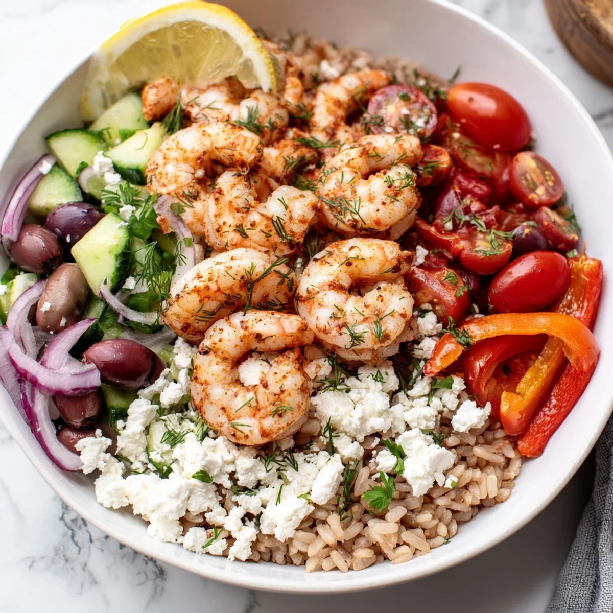 Golden seared Greek Shrimp Mediterranean Bowl drizzled with bright lemon herb dressing