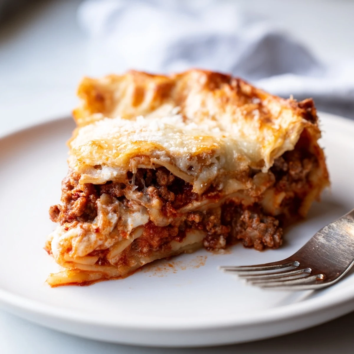Cheesy lasagna pie sliced open revealing gooey layers of melted cheese and meat sauce