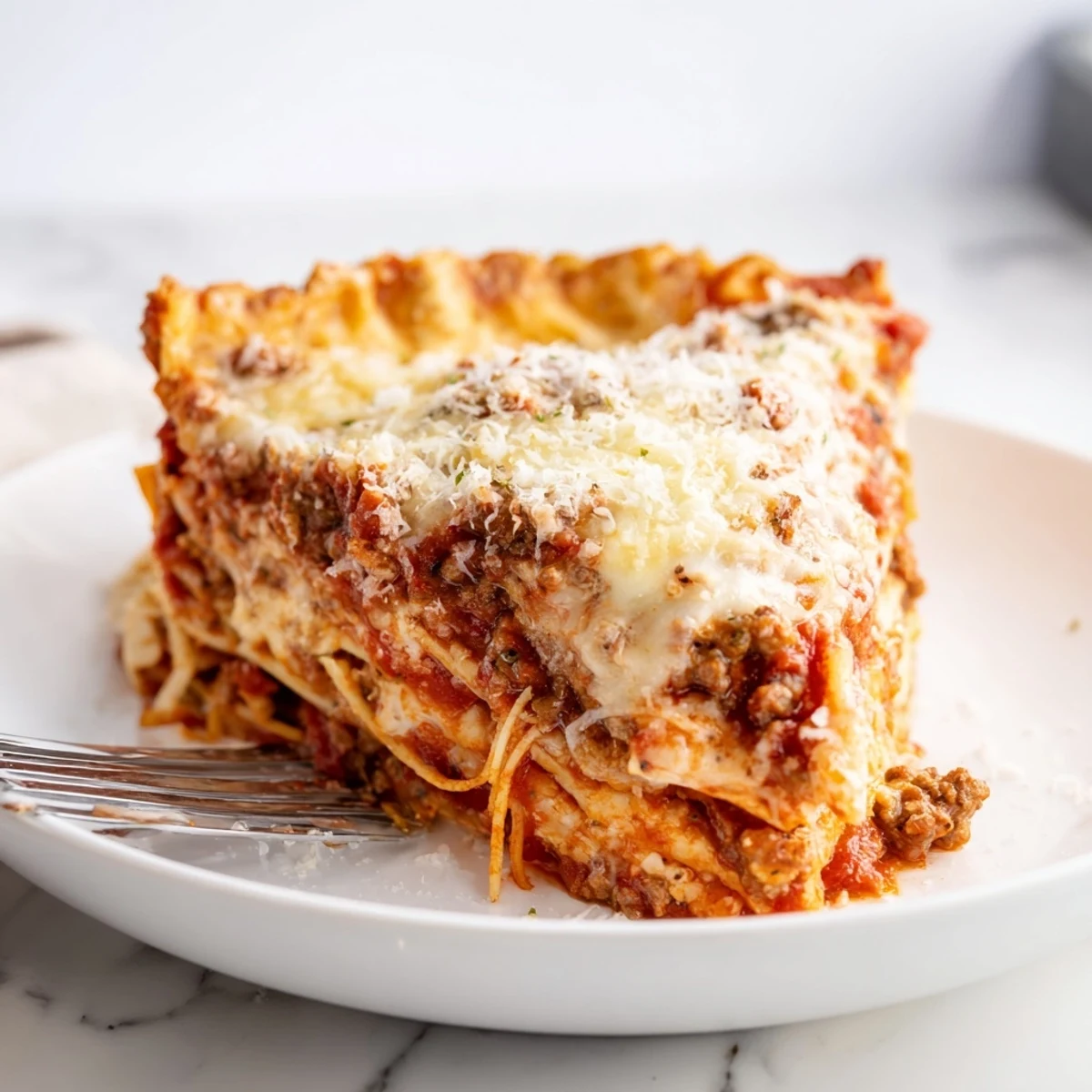 Golden baked cheesy lasagna pie with bubbling mozzarella and rich meat sauce filling