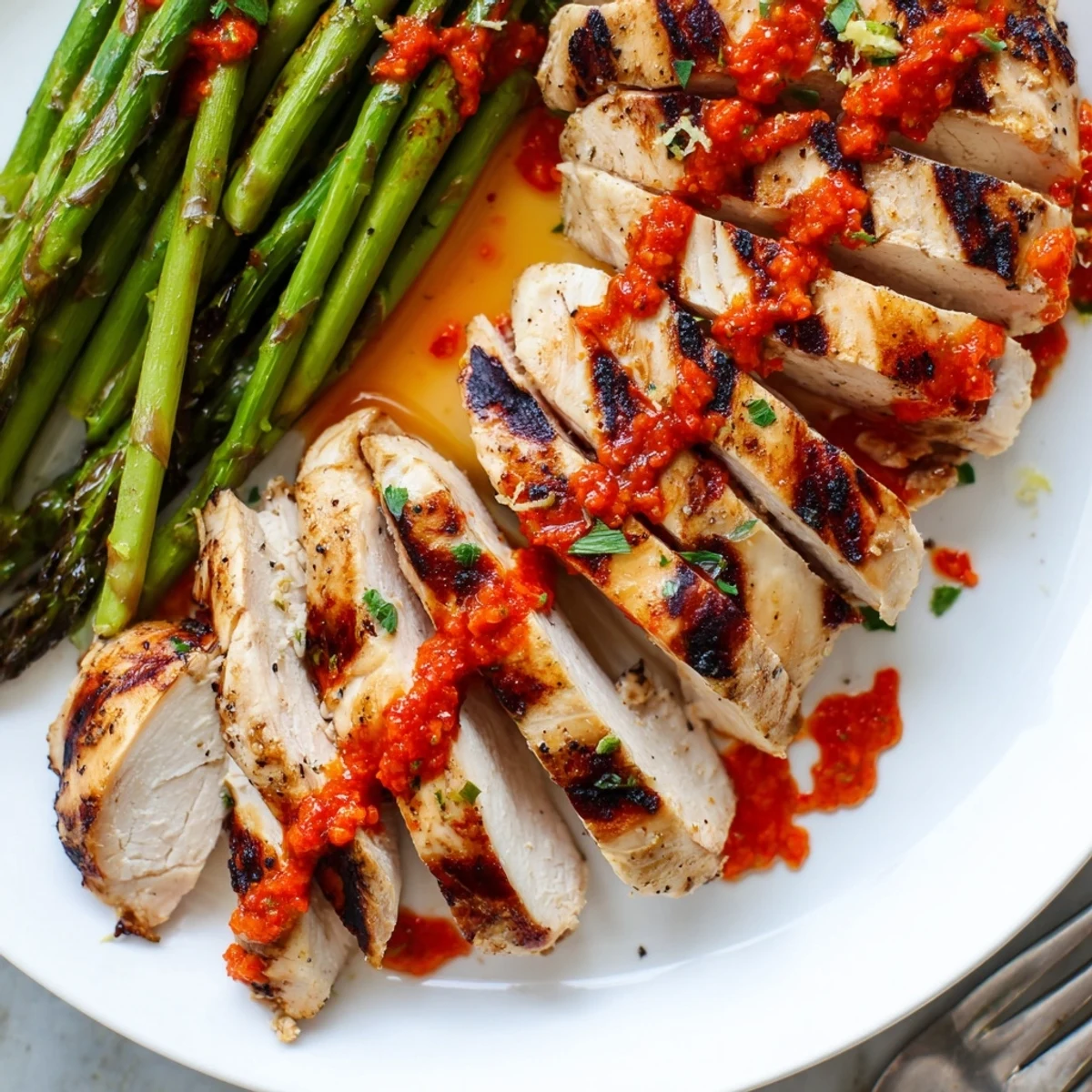 Juicy grilled chicken with charred asparagus drizzled in vibrant Calabrian chili sauce on a rustic plate