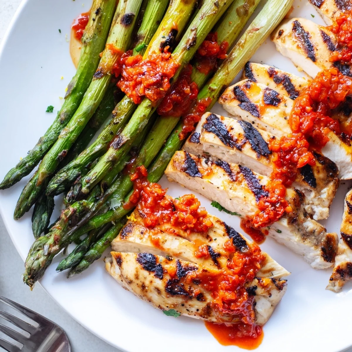 Sliced Grilled Asparagus Chicken topped with spicy red Calabrian chili sauce and fresh lemon zest
