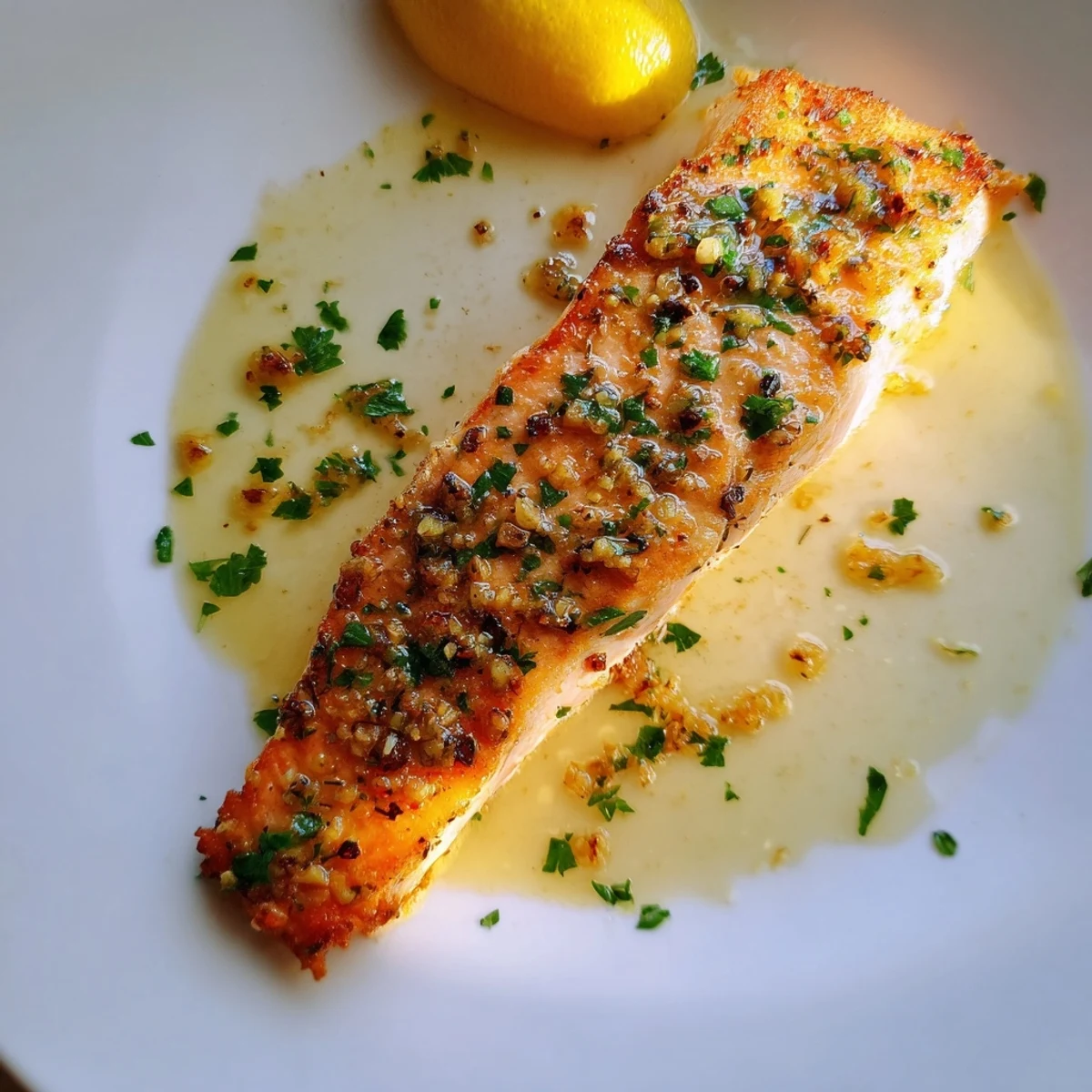 Crispy pan-seared garlic butter salmon topped with melted parsley butter and lemon wedges