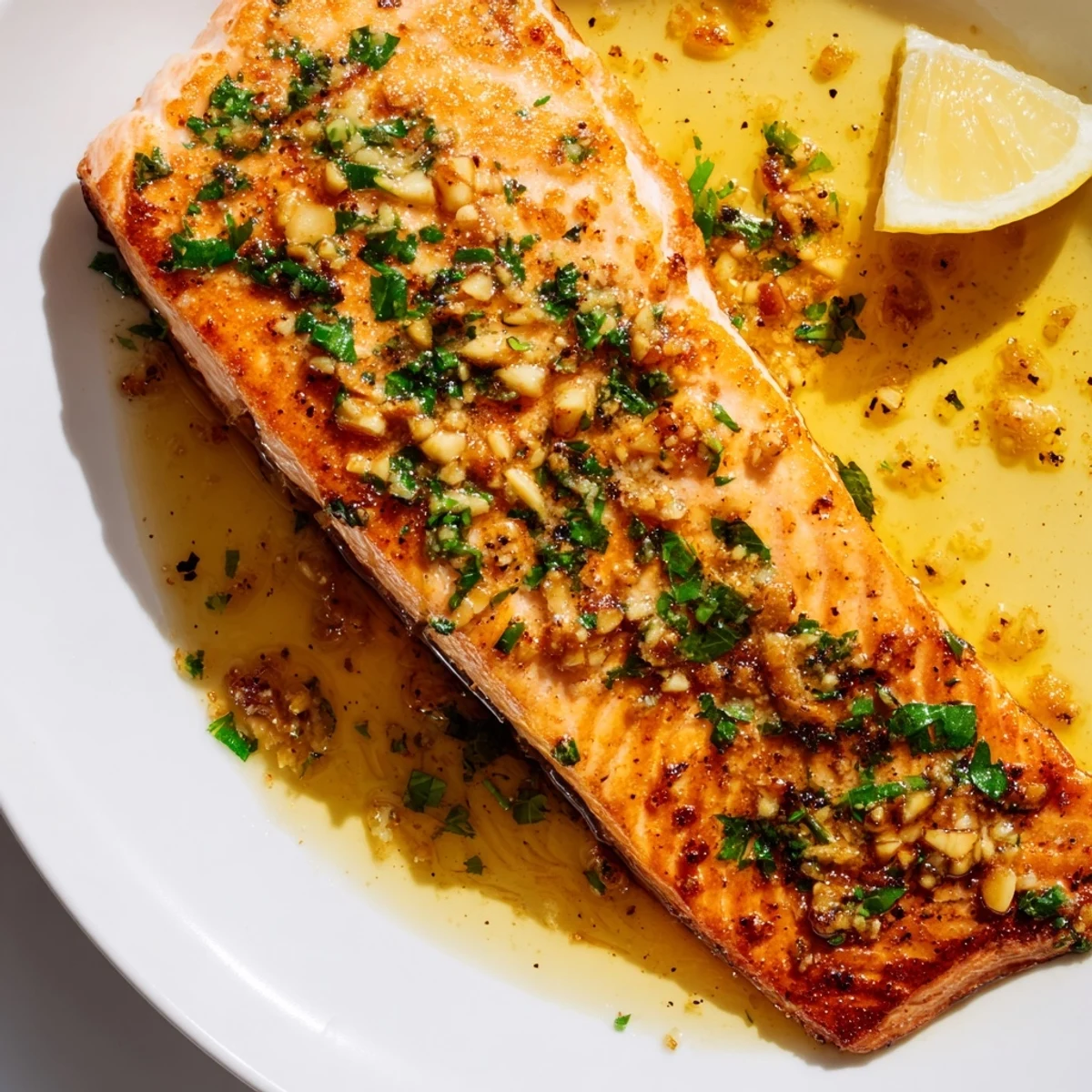Golden garlic butter salmon fillets glistening with lemon herb sauce on a white plate