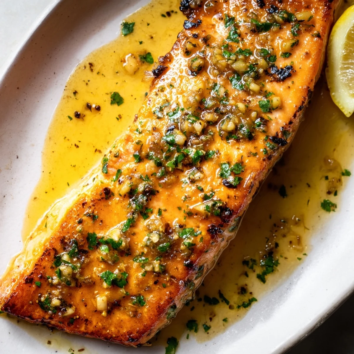 Sizzling garlic butter salmon drizzled with rich golden sauce served over steamed rice