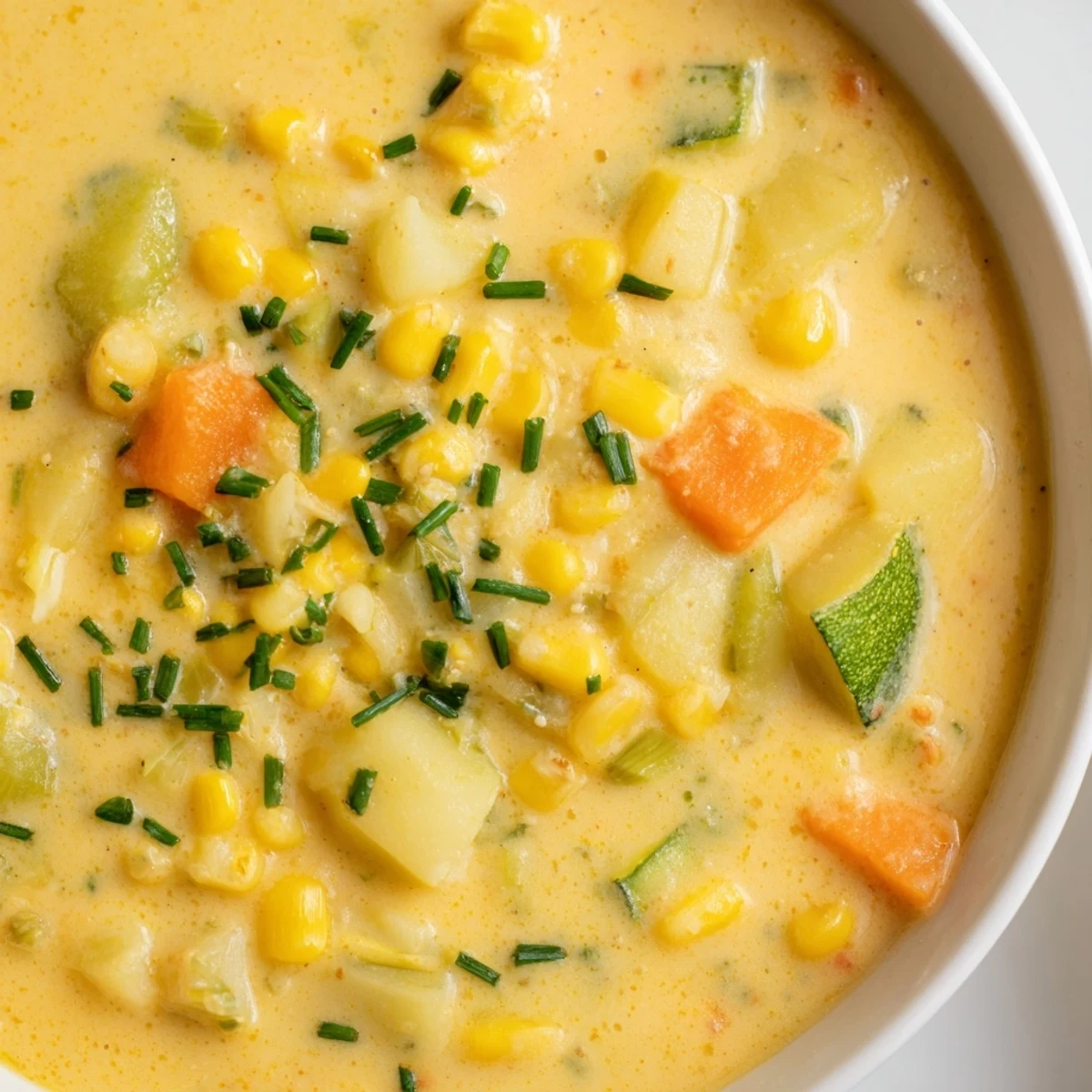 Creamy summer corn zucchini chowder topped with fresh chives in a rustic bowl