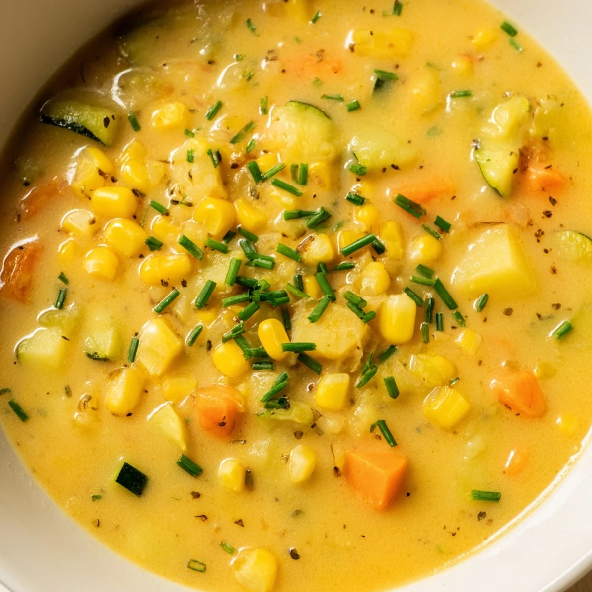 Golden potato chunks and sweet corn float in a steaming bowl of summer corn zucchini chowder