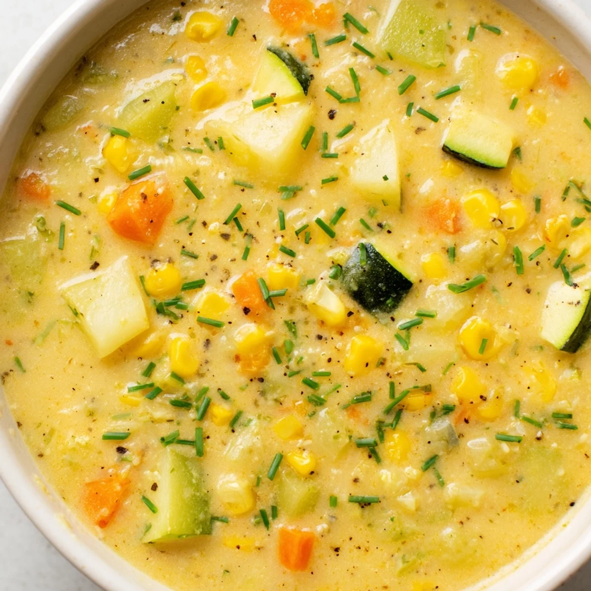 Thick ladleful of summer corn zucchini chowder brimming with tender vegetables and vibrant yellow kernels