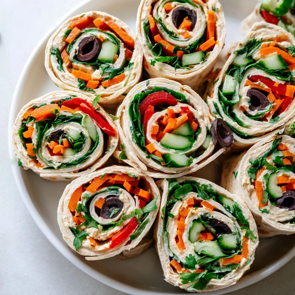 Colorful hummus veggie pinwheels sliced into bite-sized spirals on a rustic platter