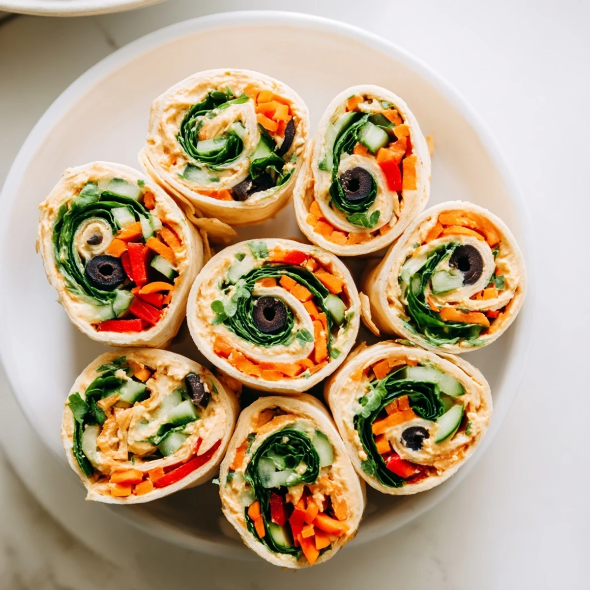 Fresh hummus veggie pinwheels revealing layers of spinach carrot and bell pepper