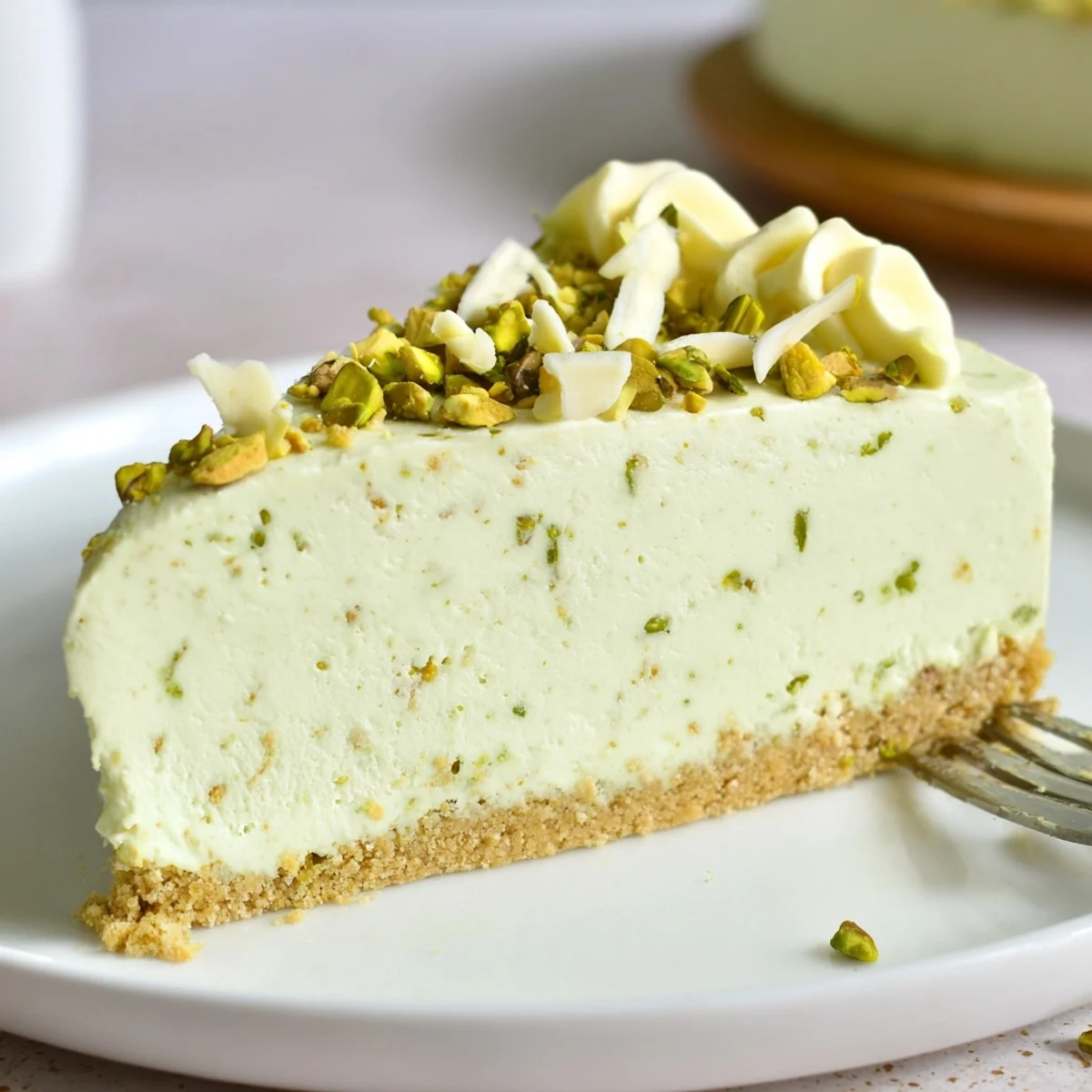 Green no bake pistachio cheesecake with a smooth velvet filling and golden biscuit base