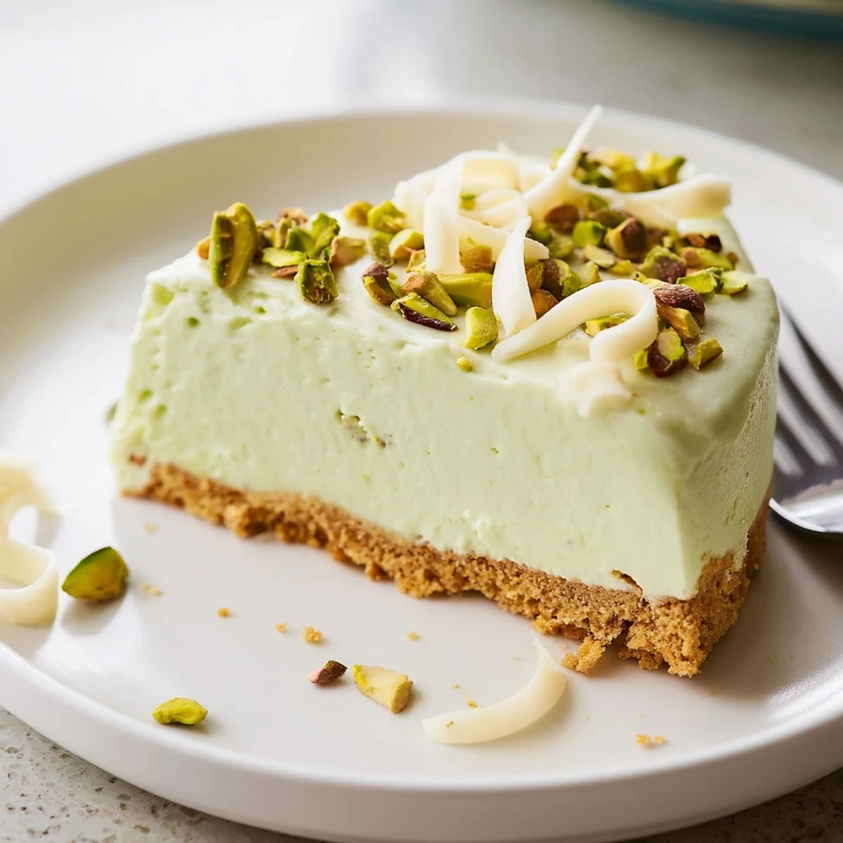 Creamy no bake pistachio cheesecake slice topped with crunchy chopped pistachios on a buttery graham cracker crust
