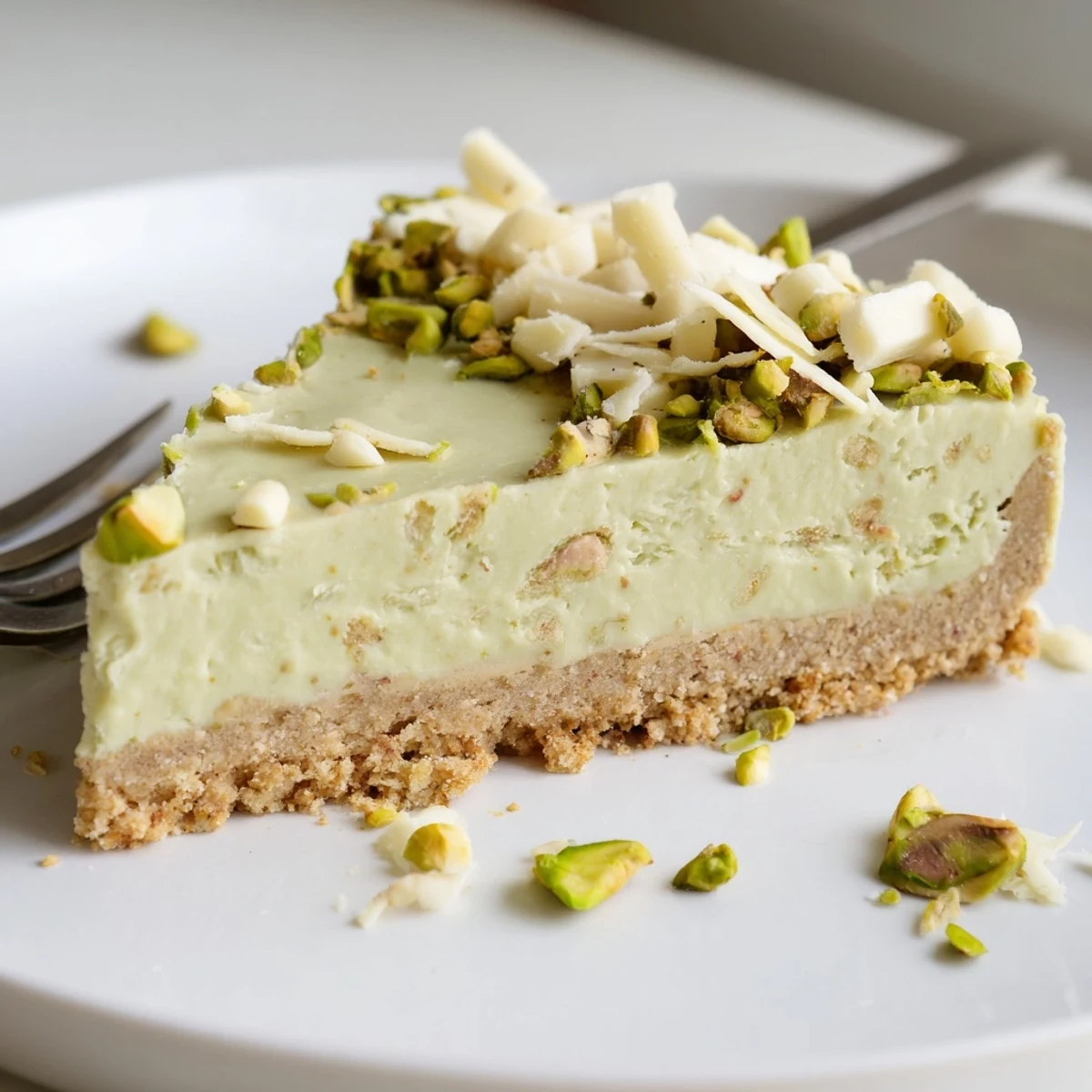 No bake pistachio cheesecake served on a white plate with scattered pistachios and a silky finish