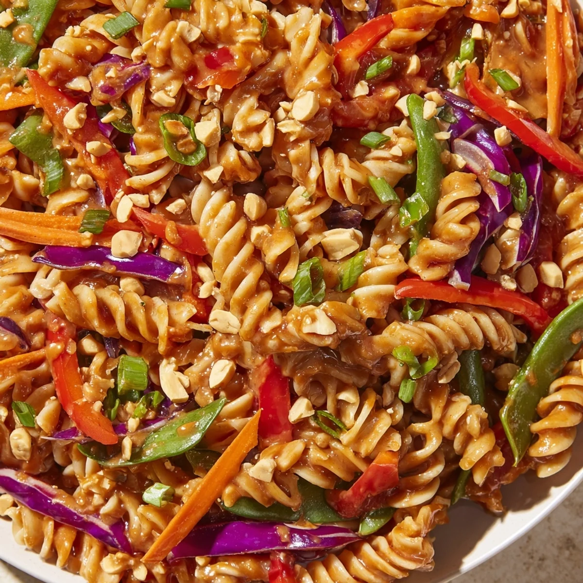 Spicy Thai Pasta Salad tossed with crunchy vegetables and creamy peanut dressing