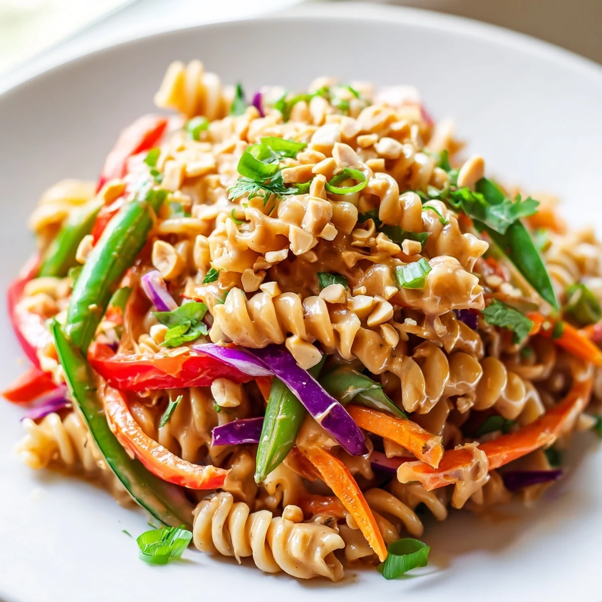 A vibrant bowl of Spicy Thai Pasta Salad topped with crushed roasted peanuts
