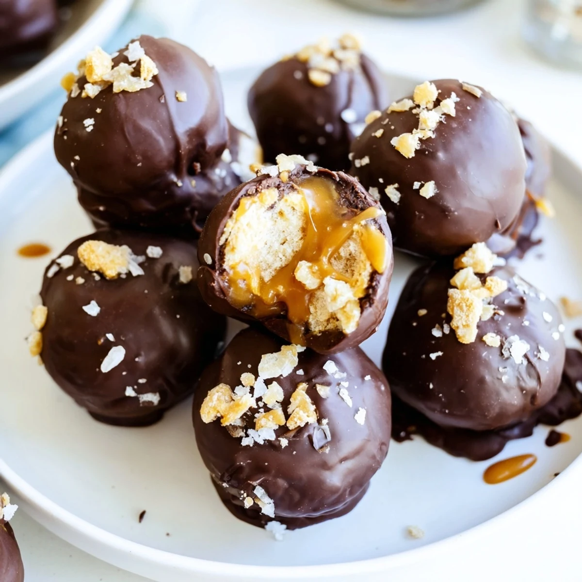 Golden chocolate-dipped salted caramel pretzel cheesecake balls drizzled with sticky caramel on parchment paper.
