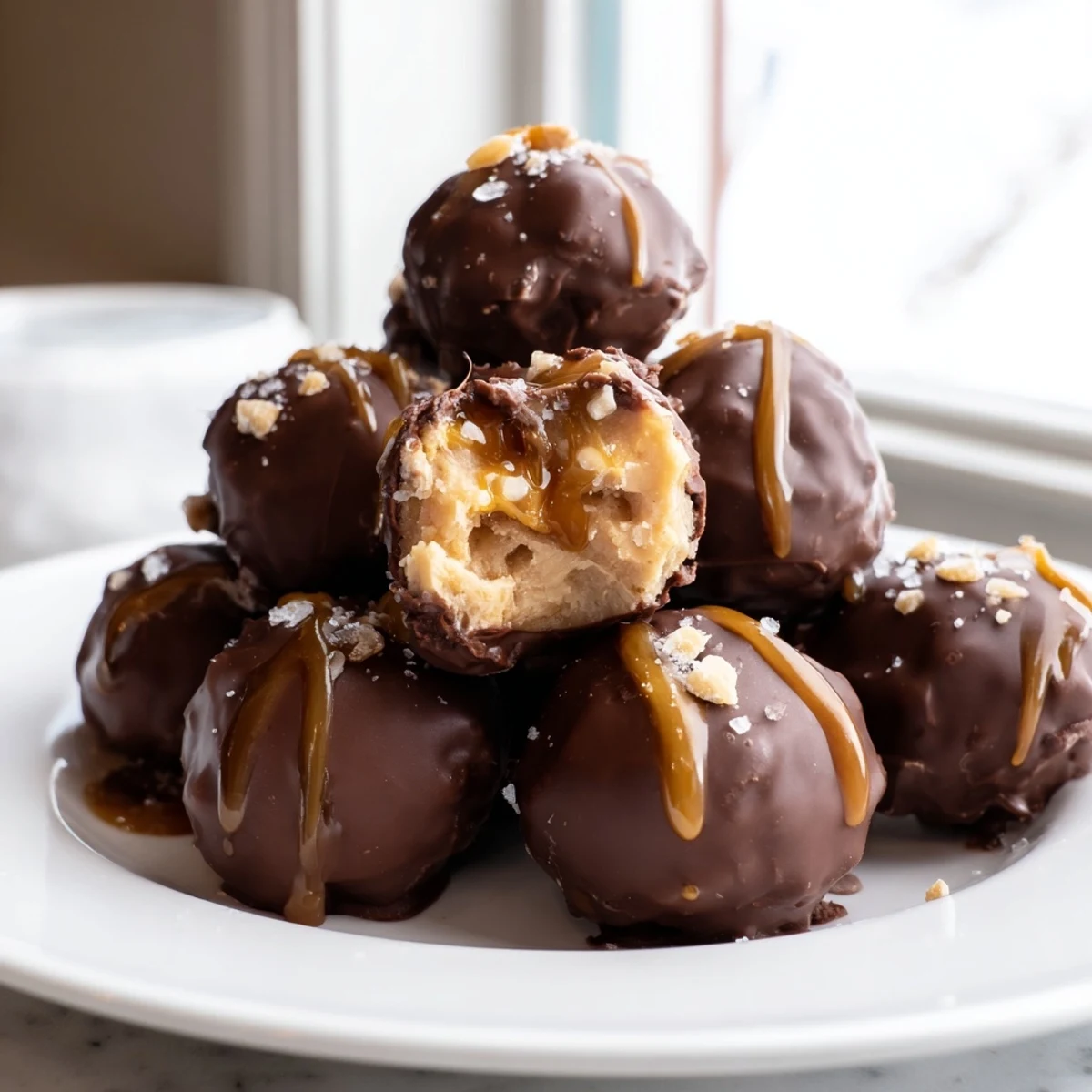 Creamy salted caramel pretzel cheesecake balls coated in glossy chocolate and finished with flaky sea salt.