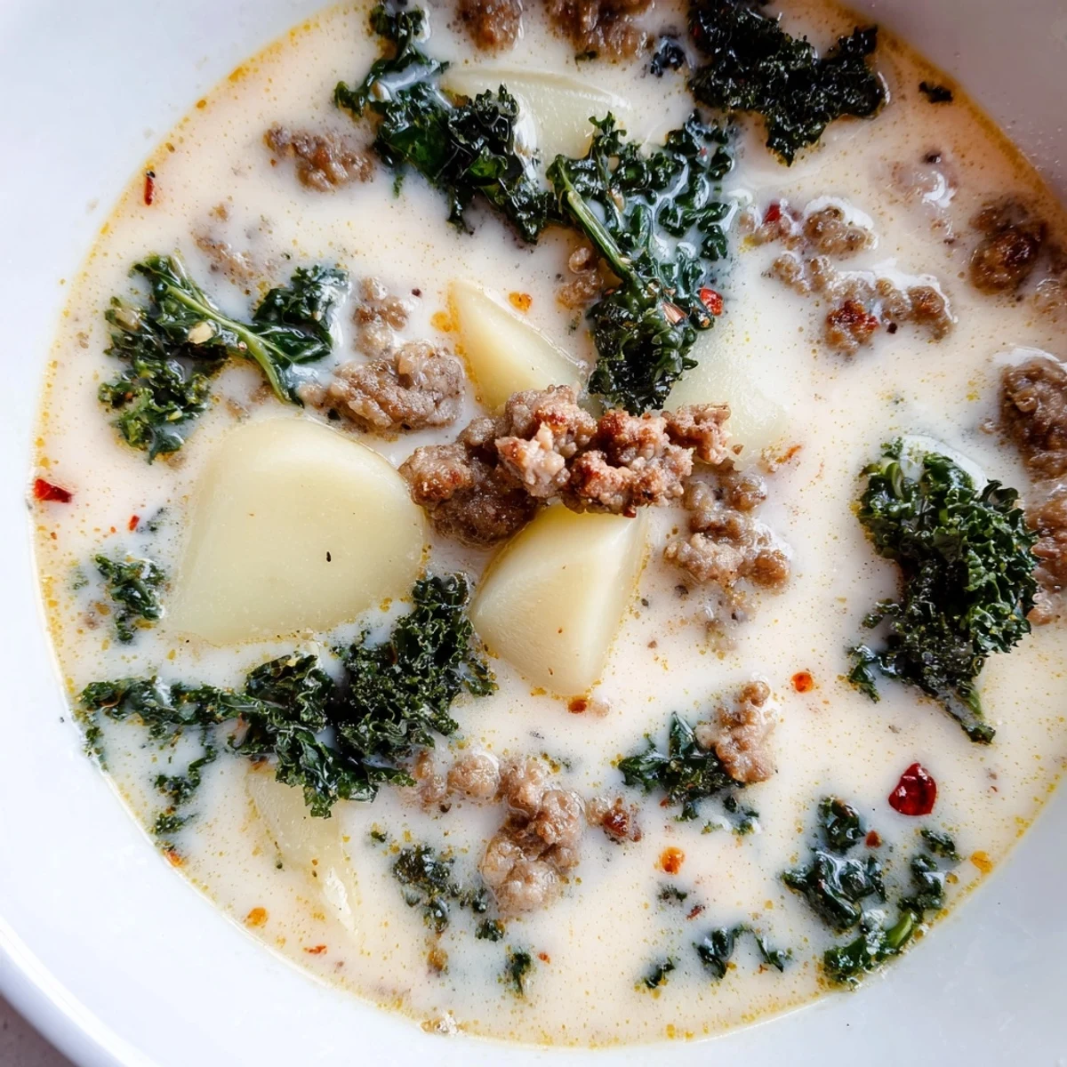 Creamy Zuppa Toscana soup with crumbled sausage, tender potatoes, and fresh kale