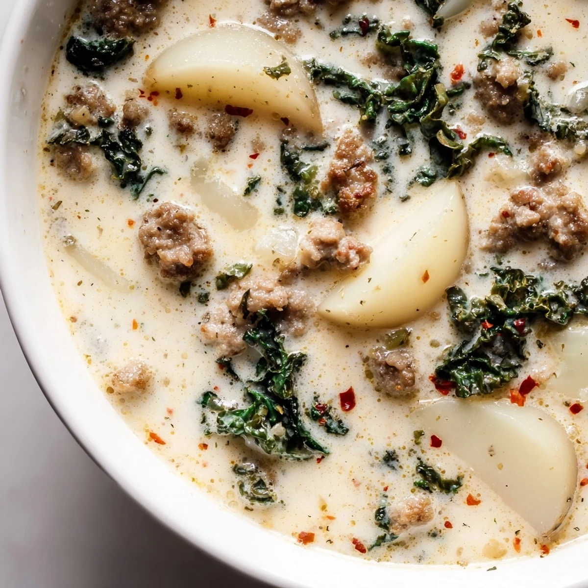 Steaming bowl of Zuppa Toscana soup ladled over sliced potatoes and wilted kale