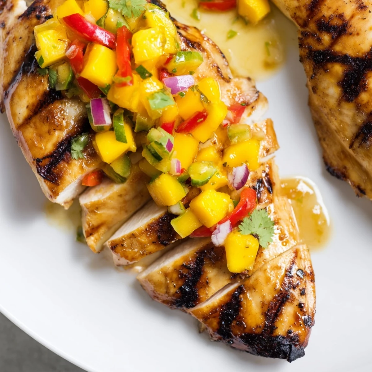 Juicy honey lime chicken with mango salsa, charred grill marks, and fresh cilantro garnish.