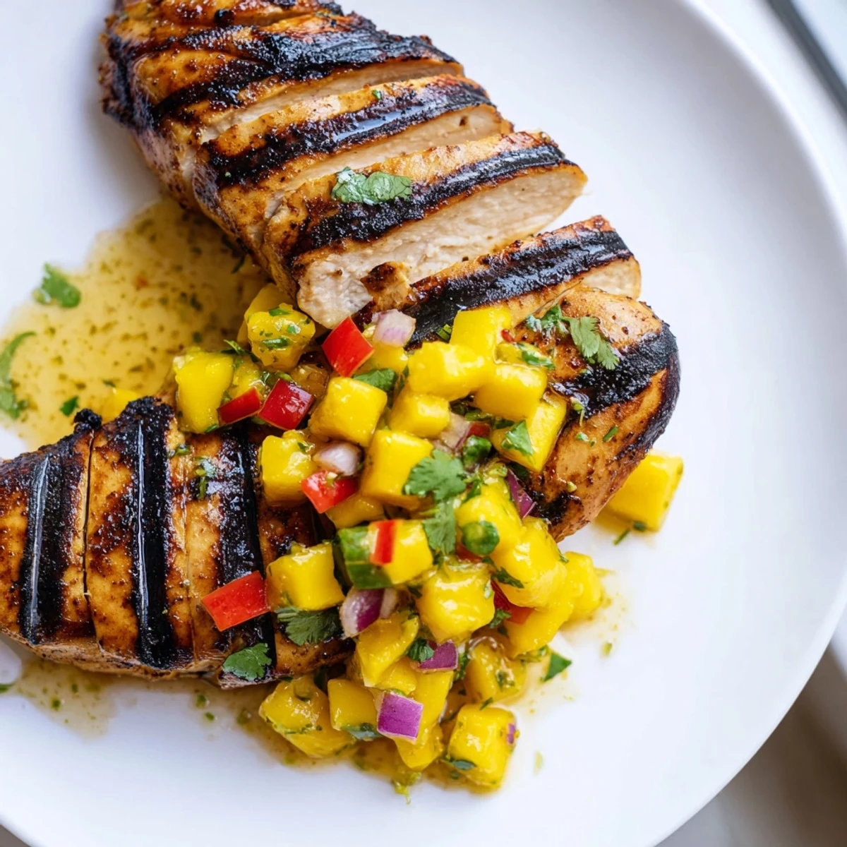 Golden grilled honey lime chicken topped with bright, colorful mango salsa on a white plate.
