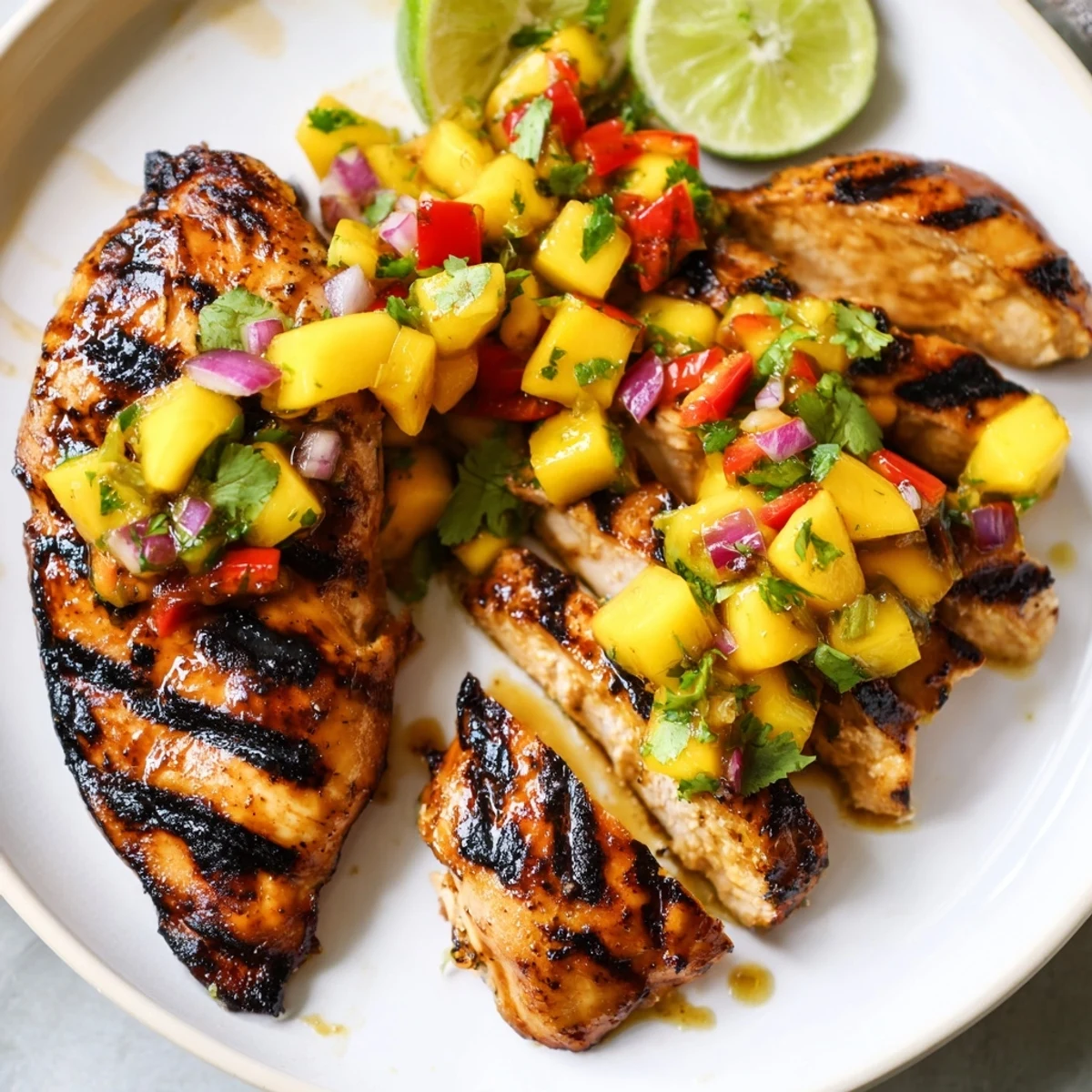 Honey lime chicken sliced open beside a vibrant mango salsa with red pepper and red onion.